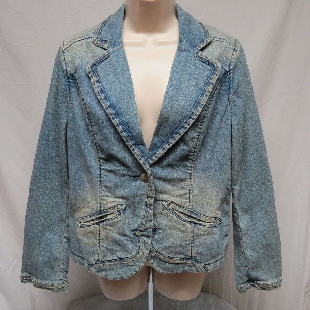 VTG Kikit Denim Jacket Blazer Western Stitching Casual Worn Look 80's 90's SZ L